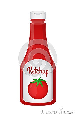 Vector 3d realistic ketchup bottle. Red tomato sauce, transparent glass Vector Illustration