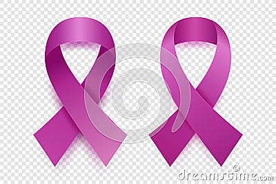 Vector 3d Realistic Lavender Purple Ribbon Set. Cancer Awareness Symbol Closeup. Cancer Ribbon Template. World Cancer Vector Illustration