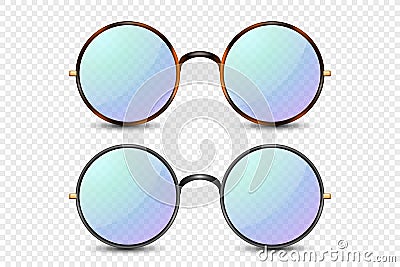 Vector 3d Realistic Leopard, Black Round Frame Glasses Set with Blue, Purple Transparent Glass Isolated, Eyeglasses for Vector Illustration