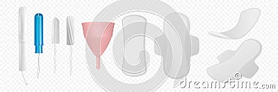 Vector 3d Realistic Menstrual Hygiene Products - Tampon, Tampon with Applicator, Menstrual Cup and Sanitary Pad Icon Set Vector Illustration