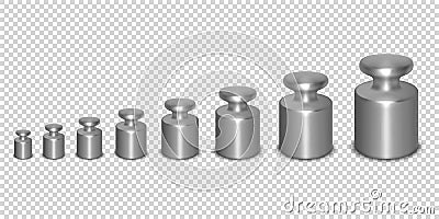 Vector 3d Realistic Metal Calibration Laboratory Weight Different Sizes Icon Set Closeup Isolated on Transparent Vector Illustration