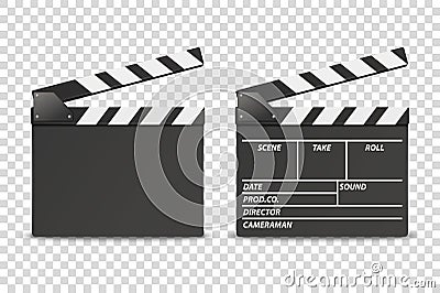 Vector 3d Realistic Opened Movie Film Clap Board Icon Set Closeup Isolated on Transparent Background. Design Template of Vector Illustration
