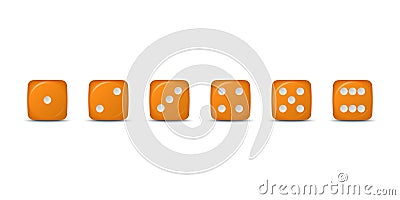 Vector 3d Realistic Orange Game Dice Icon Set Closeup Isolated. Game Cubes for Gambling, Casino Dices From One to Six Dots, Round Vector Illustration