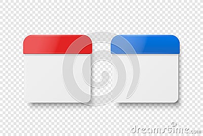 Vector 3d Realistic Paper Classic Simple Minimalistic Red and Blue Calendar Icon Set Closeup Isolated on White Vector Illustration