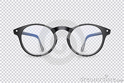 Vector 3d Realistic Plastic Round Black Rimmed Eye Glasses Icon Closeup Isolated on Transparent Background. Women, Men Vector Illustration