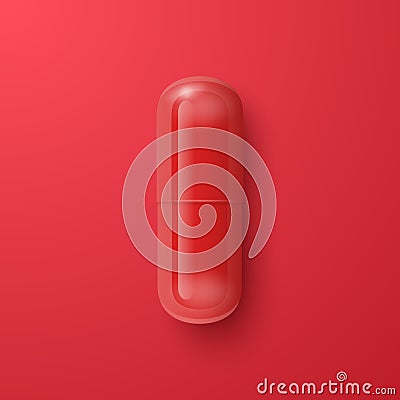 Vector 3d Realistic Red Pharmaceutical Medical Pill, Capsule, Tablet on Red Background. Front, Top View. Medicine Vector Illustration