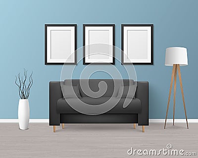 Vector 3d Realistic Render Black Sofa, Couch with Pillows in Simple Style in Modern Room - Apartment, Salon, Art Gallery Vector Illustration