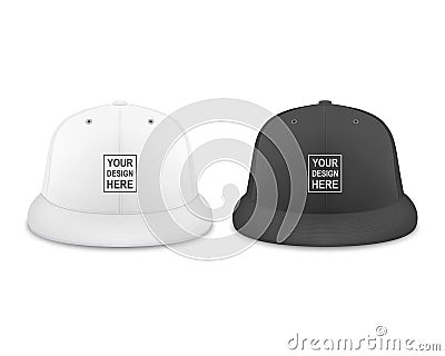 Vector 3d Realistic Render White and Black Blank Baseball Cap Icon Set Closeup Isolated on White Background. Design Vector Illustration