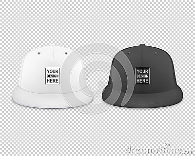Vector 3d Realistic Render White and Black Blank Baseball Snapback Cap Icon Set Closeup Isolated on Transparent Vector Illustration