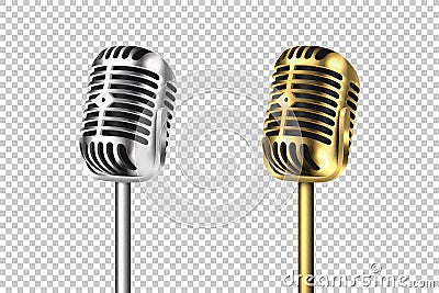 Vector 3d Realistic Retro Steel Metal Silver and Gold Concert Vocal Microphone Set Closeup Isolated on Transparent Vector Illustration