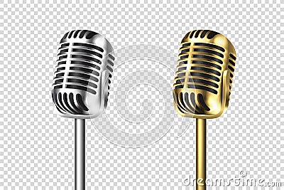 Vector 3d Realistic Retro Steel Silver and Gold Metal Concert Vocal Microphone Set Closeup Isolated on Transparent Vector Illustration