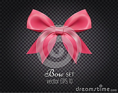 Vector 3d realistic ribbon pink bow on dark transparent background Vector Illustration