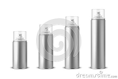 Vector 3d Realistic Silver Aluminum Blank Spray Can, Bottle, Transparent Lid Set Isolated. Small, Medium, Big Size Vector Illustration