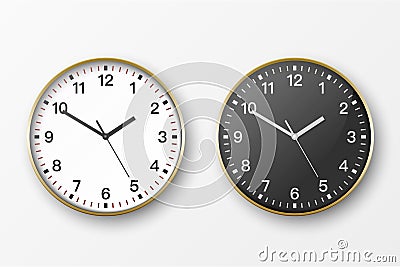 Vector 3d Realistic Simple Round Golden Wall Office Clock. White and Black Dial Icon Set Closeup Isolated on White Vector Illustration