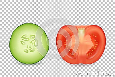 Vector 3d realistic slice juicy cucumber and tomato in a cut icon set closeup isolated on transparency grid background Vector Illustration