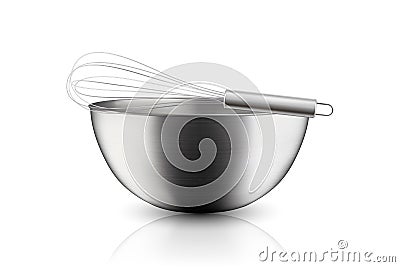 Vector 3d Realistic Steel, Chrome, Silver Metal Hemisphere Circle Bowl and Whisk Closeup Isolated on Transparent Vector Illustration