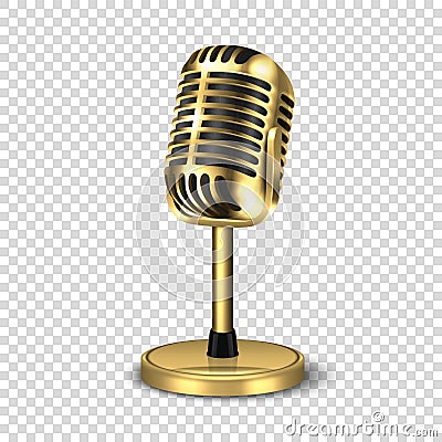 Vector 3d Realistic Steel Golden Retro Concert Vocal Microphone with Stand Icon Closeup Isolated on Transparent Vector Illustration