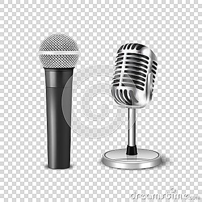 Vector 3d Realistic Steel Silver Retro Concert Vocal Stage Microphone Icon Set Closeup Isolated on Transparent Vector Illustration