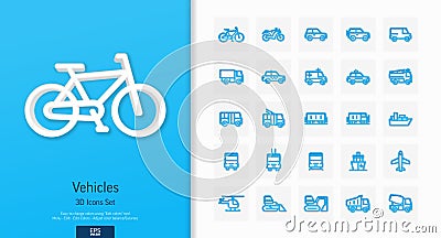 Vector 3d realistic style icons set with vehicle, public transport and cars line symbol. Vector Illustration