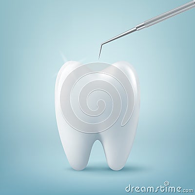 Vector 3d Realistic Tooth and Dental Probe for Teeth Closeup on Blue Background. Medical Dentist Tool. Design Template Vector Illustration