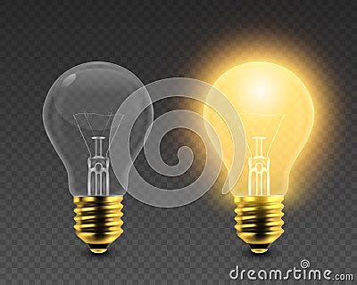 Vector 3d Realistic Turning On and Off Light Bulb Icon Set Closeup Isolated on Transparent Background. Glowing Vector Illustration