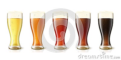 Vector 3d realistic various beers in tall glasses Vector Illustration