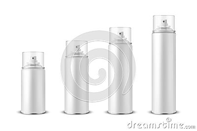 Vector 3d Realistic White Aluminum Blank Spray Can, Bottle, Transparent Lid Set Isolated. Small, Medium, Big Size Vector Illustration