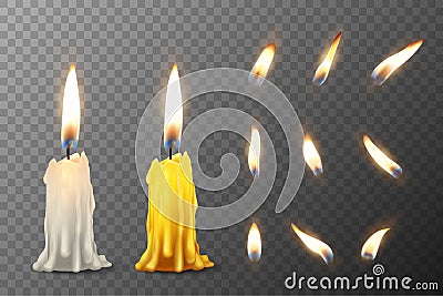 Vector 3d realistic white and orange paraffin or wax burning party candle or candle stump and different flame of a Vector Illustration