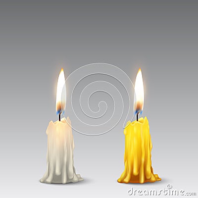 Vector 3d realistic white and orange paraffin or wax burning party candle or candle stump icon set closeup isolated Vector Illustration