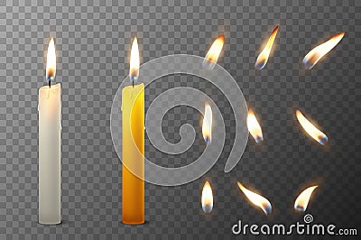 Vector 3d realistic white and orange paraffin or wax burning party candle and different flame of a candle icon set Vector Illustration