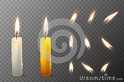 Vector 3d realistic white and orange paraffin or wax burning party candle and different flame of a candle icon set Vector Illustration
