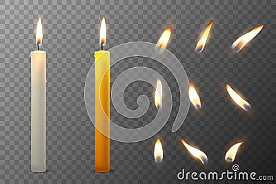 Vector 3d realistic white and orange paraffin or wax burning party candle and different flame of a candle icon set Vector Illustration