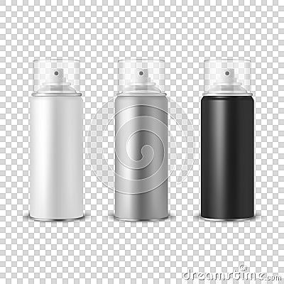 Vector 3d Realistic White, Silver, Black Aluminum Blank Spray Can, Bottle, Transparent Lid Set Isolated. Design Template Vector Illustration