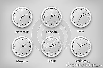 Vector 3d Realistic White Wall Office Clock Set. Time Zones of Different Cities, White Dial. Design Template of Wall Stock Photo