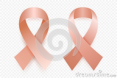 Vector 3d Realistic Peach Ribbon Set. Uterine Cancer Awareness Symbol Closeup. Cancer Ribbon Template. World Uterine Vector Illustration