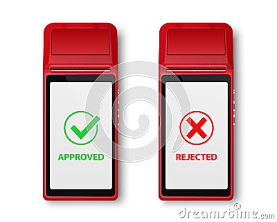 Vector 3d Red NFC Payment Machine Isolated. Approved, Rejected Transaction Status. Wi-fi, Wireless Payment. POS Terminal Vector Illustration