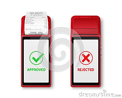 Vector 3d Red NFC Payment Machine Isolated. Approved, Rejected Transaction Status. Wi-fi, Wireless Payment. POS Terminal Stock Photo
