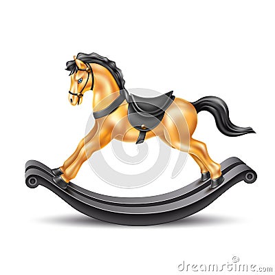 Vector 3d rocking horse golden marble on wood Vector Illustration