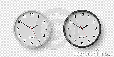 Vector 3d Round Wall Office Clock with White, Black Clock Dial Set Closeup Isolated. Watches, Design Template, Mock-up Vector Illustration