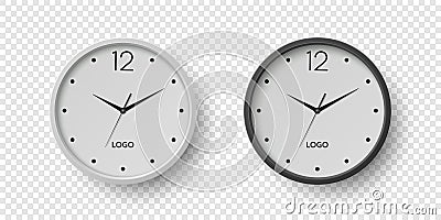 Vector 3d Round Wall Office Clock with White, Black Clock Dial Set Closeup Isolated. Watches, Design Template, Mock-up Vector Illustration