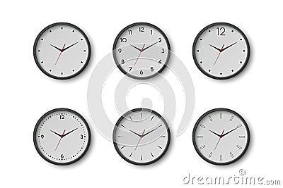 Vector 3d Round Wall Office Clock with White Clock Dial Set Closeup Isolated. Watches, Design Template, Mock-up for Vector Illustration