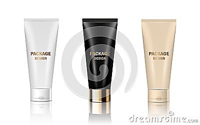 Vector 3d set isolated mockup glossy realistic jar tubes packing cream, shampoo, cosmetics products. White, black, pink containers Vector Illustration
