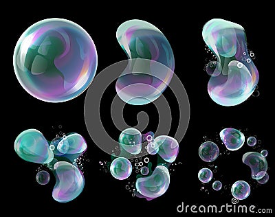 Vector 3d soap transparent bubbles in the deformation. Water spheres, realistic balls, soapy balloons, soapsuds. Vector Illustration