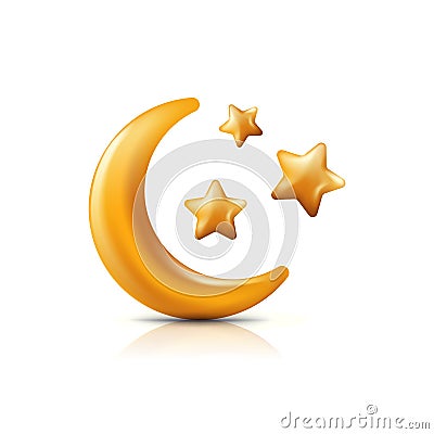 Vector 3d style illustration of golden moon and stars. Decorative gold holiday icons and design elements Vector Illustration