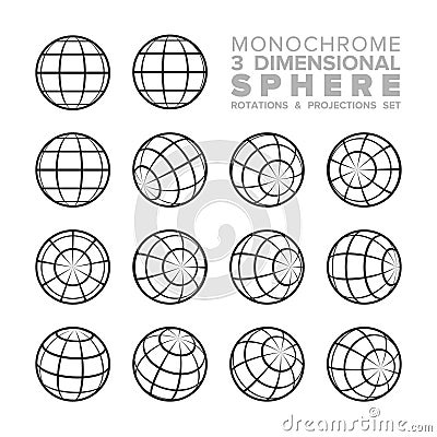 Vector 3d three dimensional monochrome sphere rotations and projections set Vector Illustration