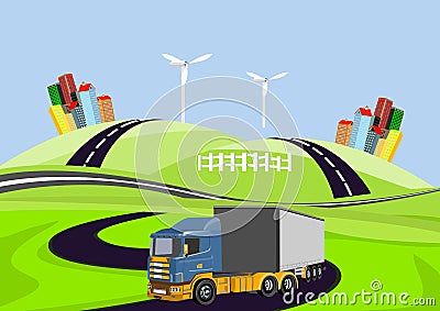 Vector 3d truck automoble driving on road, countryside Vector Illustration