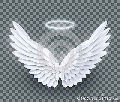 Vector 3d white realistic layered paper cut angel wings Vector Illustration