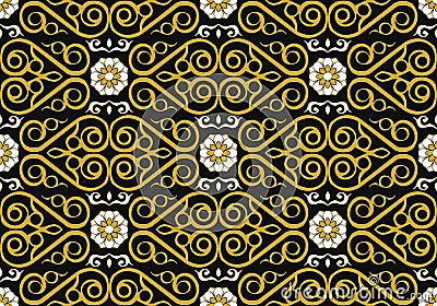 Vector damask seamless pattern background check spiral curve cross gold frame vine white flower Vector Illustration