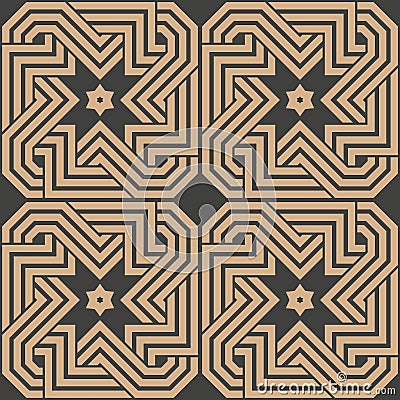 Vector damask seamless retro pattern background geometry polygon cross spiral vortex frame chain line star. Elegant luxury brown Vector Illustration