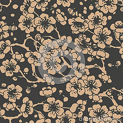 Vector damask seamless retro pattern background oriental spiral curve cross leaf frame flower plum blossom. Elegant luxury brown Vector Illustration